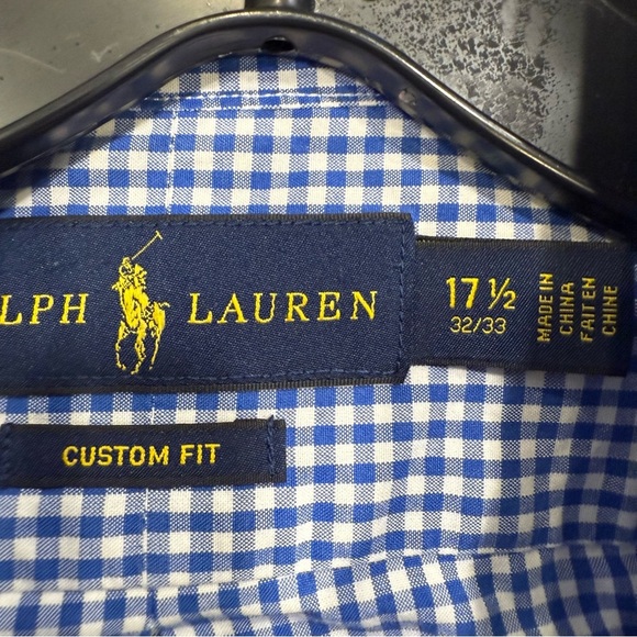 Ralph Lauren Custom-Fit Men’s Gingham Button Down Shirt Blue / White Sz 17.5 - Picture 5 of 9